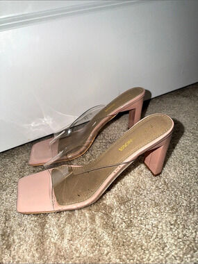 Fashion Nova Nude Clear Strap Block Heel Mules U.S Size 9 Women